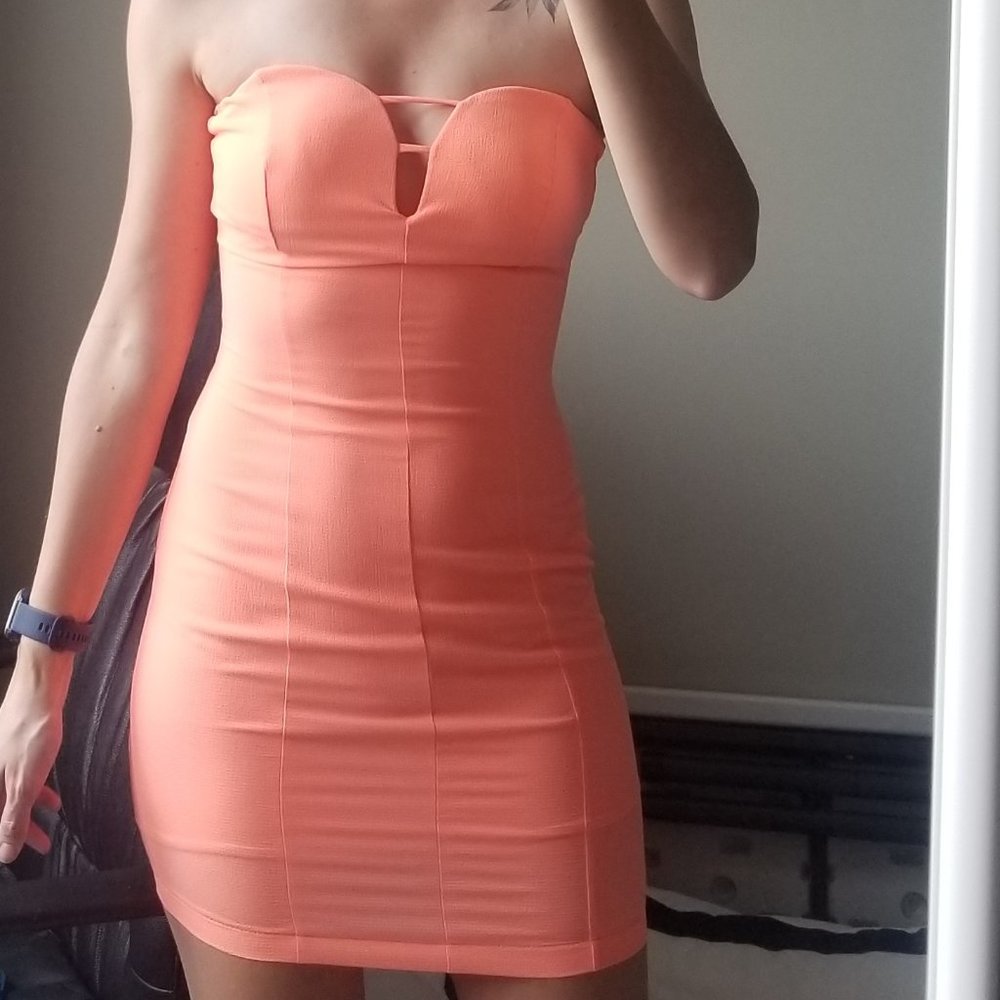 Neon Coral Strapless Fitted Summer Dress